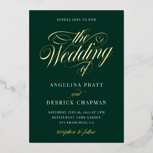 Emerald Green All in One Calligraphy Wedding Gold Folie Uitnodiging (Voorkant)