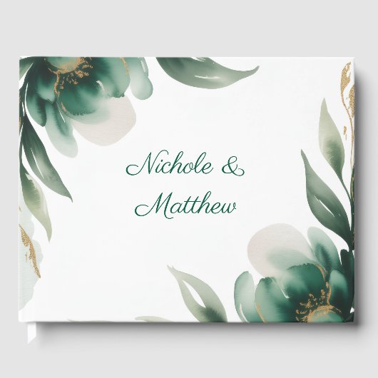 Emerald Green and Gold Floral Frame Wedding Gastenboek (Voorkant)