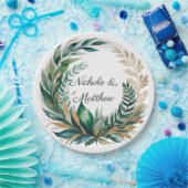 Emerald Green and Gold Floral Frame Wedding Papieren Bordje (Feest)