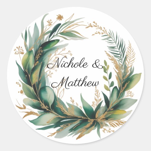 Emerald Green and Gold Floral Frame Wedding Ronde Sticker (Voorkant)