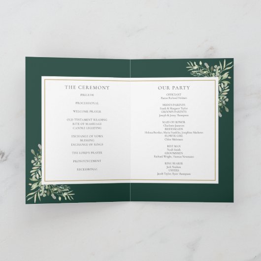 Emerald Green and Gold Greenery Foliage Wedding Programma (Binnen)