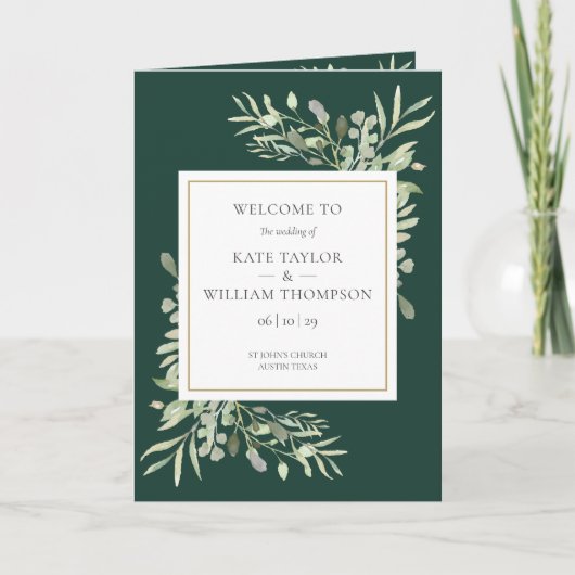 Emerald Green and Gold Greenery Foliage Wedding Programma (Voorkant)