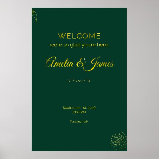 Emerald Green and Gold Leaf Wedding Welcome Sign Poster (Voorkant)