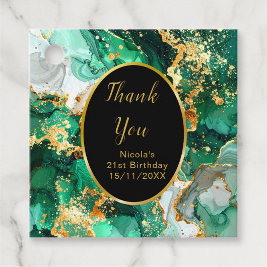 Emerald Green and Gold Marble Agate Birthday Party Bedankjes Labels (Voorkant)