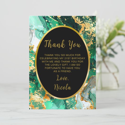 Emerald Green and Gold Marble Agate Birthday Party Bedankkaart (Staand voorkant)