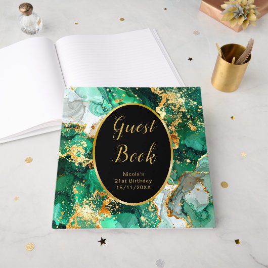 Emerald Green and Gold Marble Agate Birthday Party Gastenboek (Voorkant open)