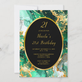 Emerald Green and Gold Marble Agate Birthday Party Kaart