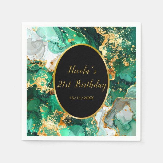 Emerald Green and Gold Marble Agate Birthday Party Servet (Voorkant)