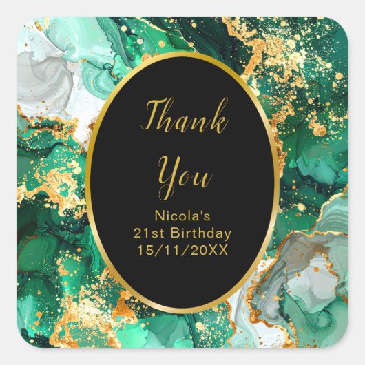 Emerald Green and Gold Marble Agate Birthday Party Vierkante Sticker (Voorkant)