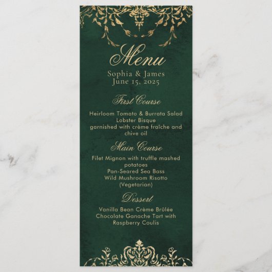 Emerald Green and Gold Ornate Elegant Wedding Menu (Voorkant)