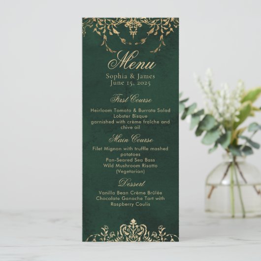 Emerald Green and Gold Ornate Elegant Wedding Menu (Staand voorkant)