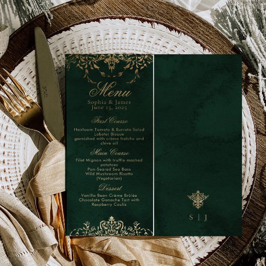 Emerald Green and Gold Ornate Elegant Wedding Menu