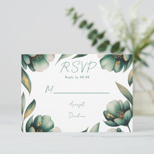 Emerald Green and Gold Rose Wedding RSVP Kaartje (Staand voorkant)
