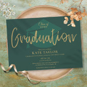 Emerald Green and Gold Script Graduparty Kaart