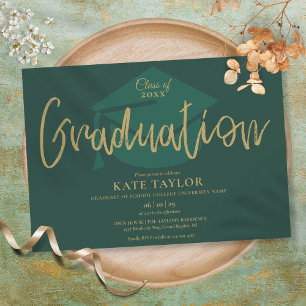 Emerald Green and Gold Script Graduparty Kaart