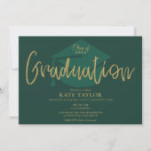 Emerald Green and Gold Script Graduparty Kaart (Voorkant)