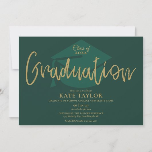 Emerald Green and Gold Script Graduparty Kaart (Voorkant)