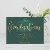 Emerald Green and Gold Script Graduparty Kaart (Staand voorkant)