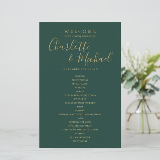 Emerald Green and Gold Script Wedding Program (Staand voorkant)