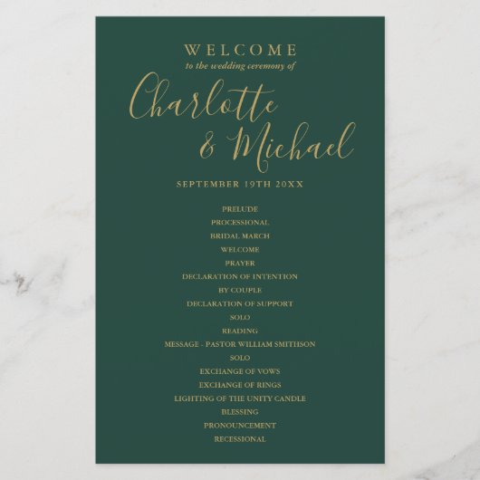 Emerald Green and Gold Script Wedding Program (Voorkant)