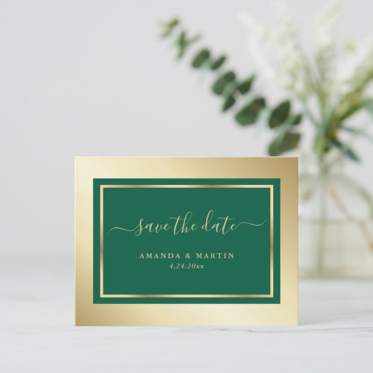 Emerald Green and Gold Wedding Save the Date Aankondigingskaart (Staand voorkant)
