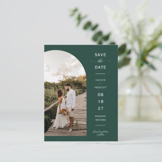 Emerald Green Arch Photo QR Code Save the Date Briefkaart (Staand voorkant)