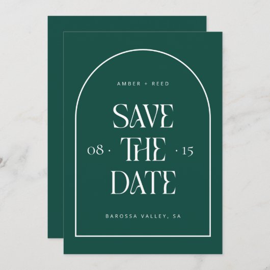 Emerald Green Arch Retro Minimalist Modern Font Save The Date (Voorkant / Achterkant)