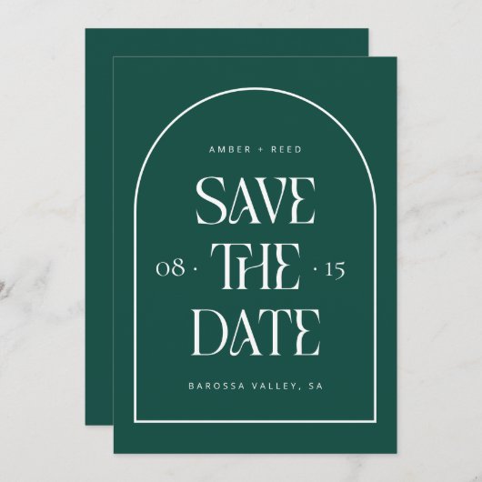 Emerald Green Arch Retro Minimalist Modern Font Save The Date (Voorkant / Achterkant)