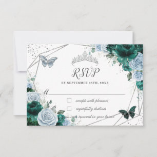 Emerald Green Baby Blauw Bloemen Zilver Quinceañer RSVP Kaartje