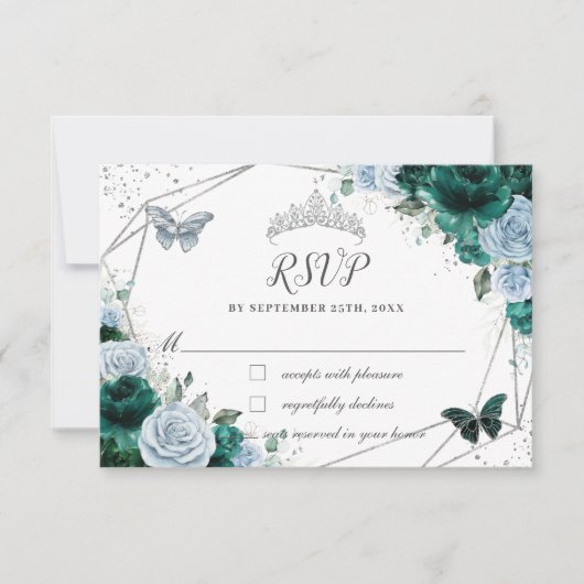 Emerald Green Baby Blauw Bloemen Zilver Quinceañer RSVP Kaartje (Voorkant)