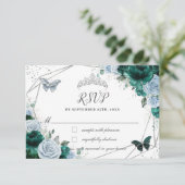 Emerald Green Baby Blauw Bloemen Zilver Quinceañer RSVP Kaartje (Staand voorkant)