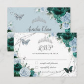 Emerald Green Baby Blauw Bloemen Zilver Quinceañer RSVP Kaartje (Voorkant / Achterkant)