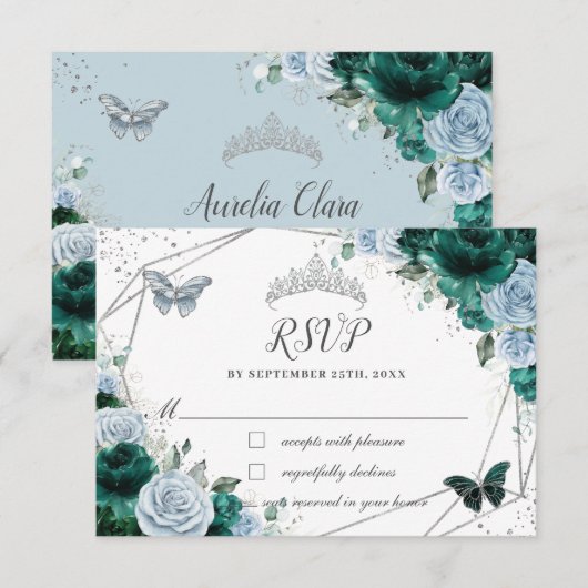 Emerald Green Baby Blauw Bloemen Zilver Quinceañer RSVP Kaartje (Voorkant / Achterkant)