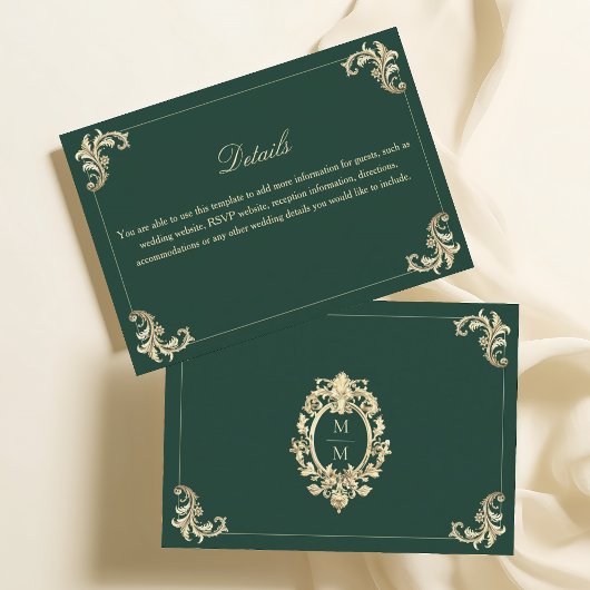 Emerald Green Barok Gold Wedding Details Informatiekaartje