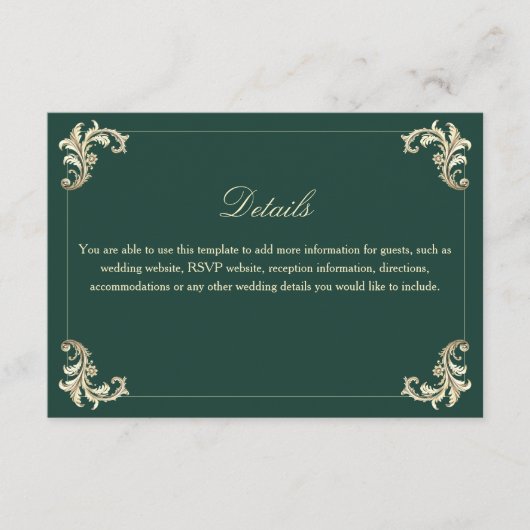 Emerald Green Barok Gold Wedding Details Informatiekaartje (Voorkant)