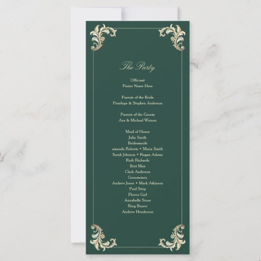 Emerald Green Barok Wedding Programma (Achterkant)