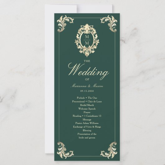 Emerald Green Barok Wedding Programma (Voorkant)