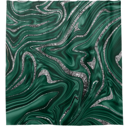 Emerald Green Black Silver Glitter Marble #1  Douchegordijn (Voorkant)