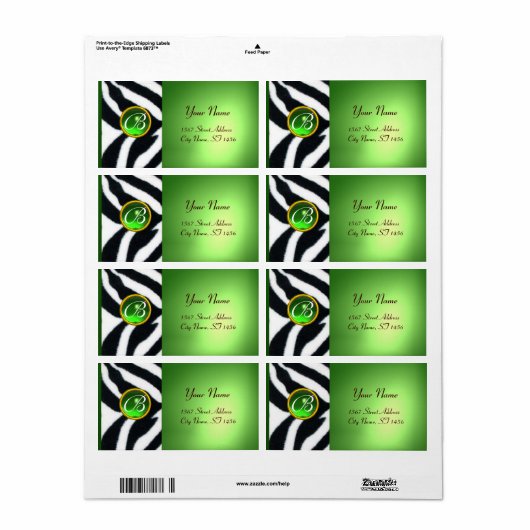 EMERALD GREEN BLACK WHITE ZEBRA FUR MONOGRAM ETIKET (Full Sheet)