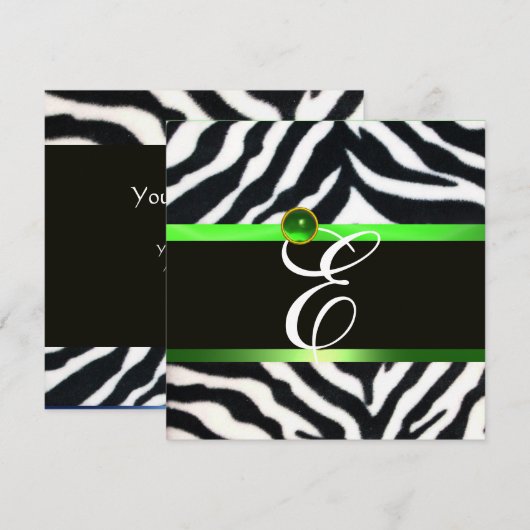 EMERALD GREEN BLACK WHITE ZEBRA FUR MONOGRAM KAART (Voorkant / Achterkant)
