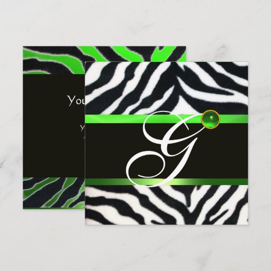 EMERALD GREEN BLACK WHITE ZEBRA FUR MONOGRAM KAART (Voorkant / Achterkant)