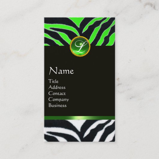 EMERALD GREEN BLACK WHITE ZEBRA FUR MONOGRAM VISITEKAARTJE (Voorkant)