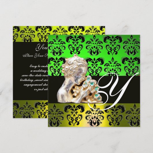 EMERALD GREEN, BLACK, WITTE DAMASKJEWEL MONOGRAM KAART (Voorkant / Achterkant)