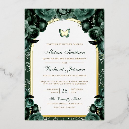 Emerald Green Bloemboog Vlinder bruiloft goud Folie Uitnodiging (Voorkant)