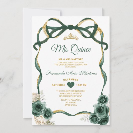 Emerald Green Bloemen Boog Ribbon Goud Mis Quince Kaart (Voorkant)