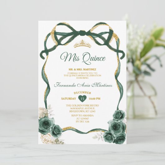 Emerald Green Bloemen Boog Ribbon Goud Mis Quince Kaart (Staand voorkant)