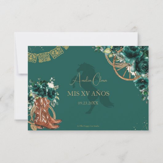 Emerald Green Bloemen Charro West Quinceañera Reag RSVP Kaartje (Achterkant)