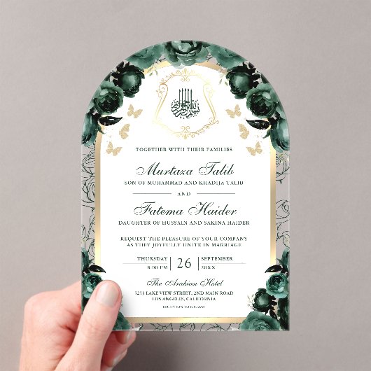 Emerald Green Bloemen Gouden Boog Moslim Huwelijk Acryl Uitnodigingen (Insitu (Draagbaar))