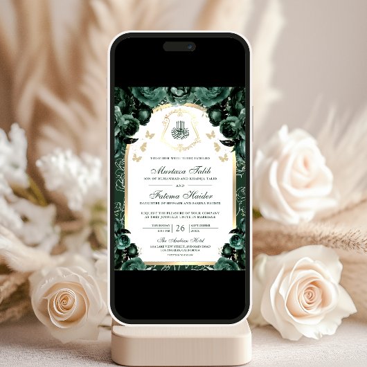 Emerald Green Bloemen Gouden Boog Moslim Huwelijk Kaart