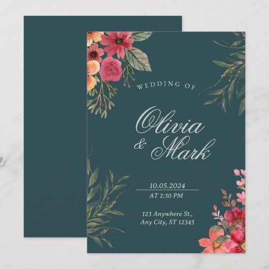 Emerald Green Bloemen Huwelijksuitnodiging Kaart (Voorkant / Achterkant)